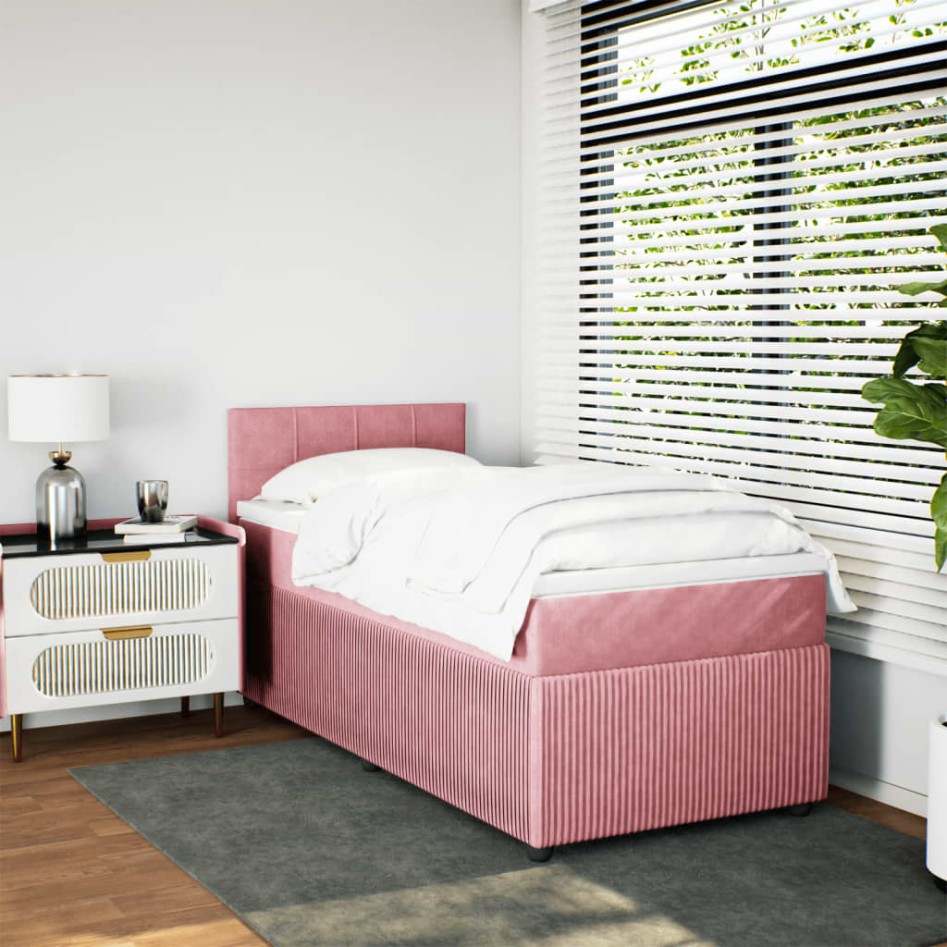 Cama box spring con colchón terciopelo rosa 100x200