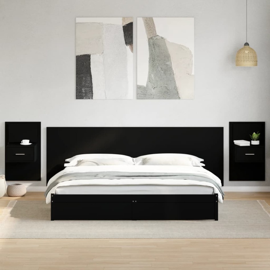 Cabecero de cama con mesitas madera de ingeniería negro 240