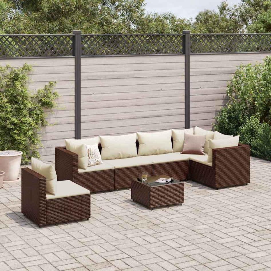 Set muebles de jardín 7 piezas y cojines ratán sintético