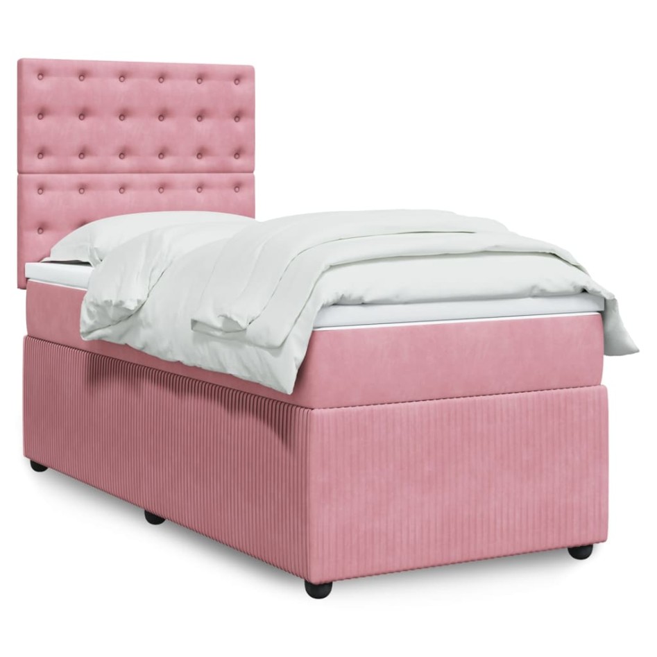 Cama box spring con colchón terciopelo rosa 90x190