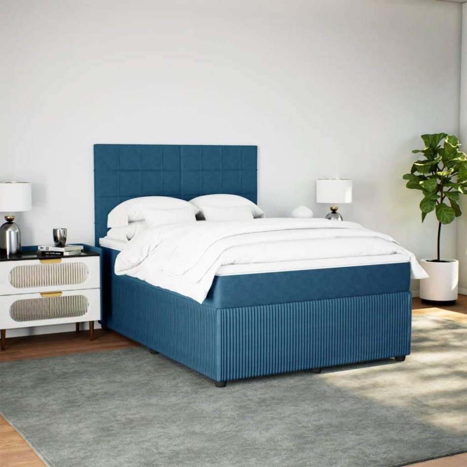 Cama box spring con colchón terciopelo azul oscuro 140x200