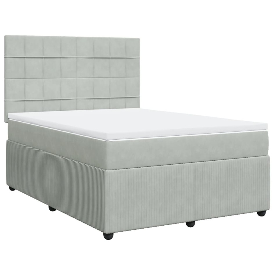 Cama box spring con colchón terciopelo gris claro 140x190
