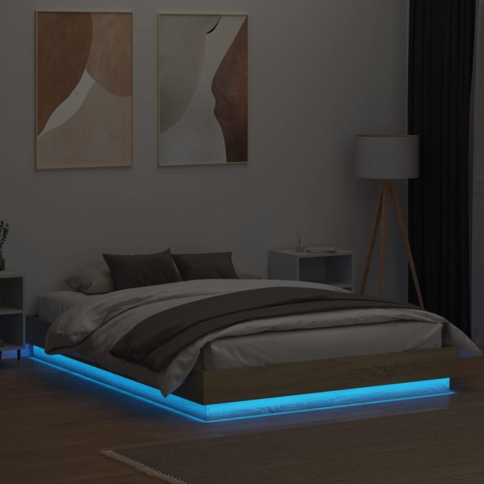 Estructura de cama con luces LED roble Sonoma 150x200