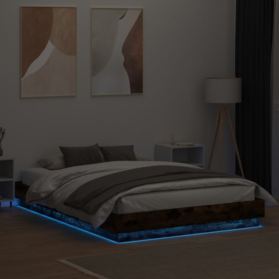 Estructura de cama con luces LED roble ahumado 140x200