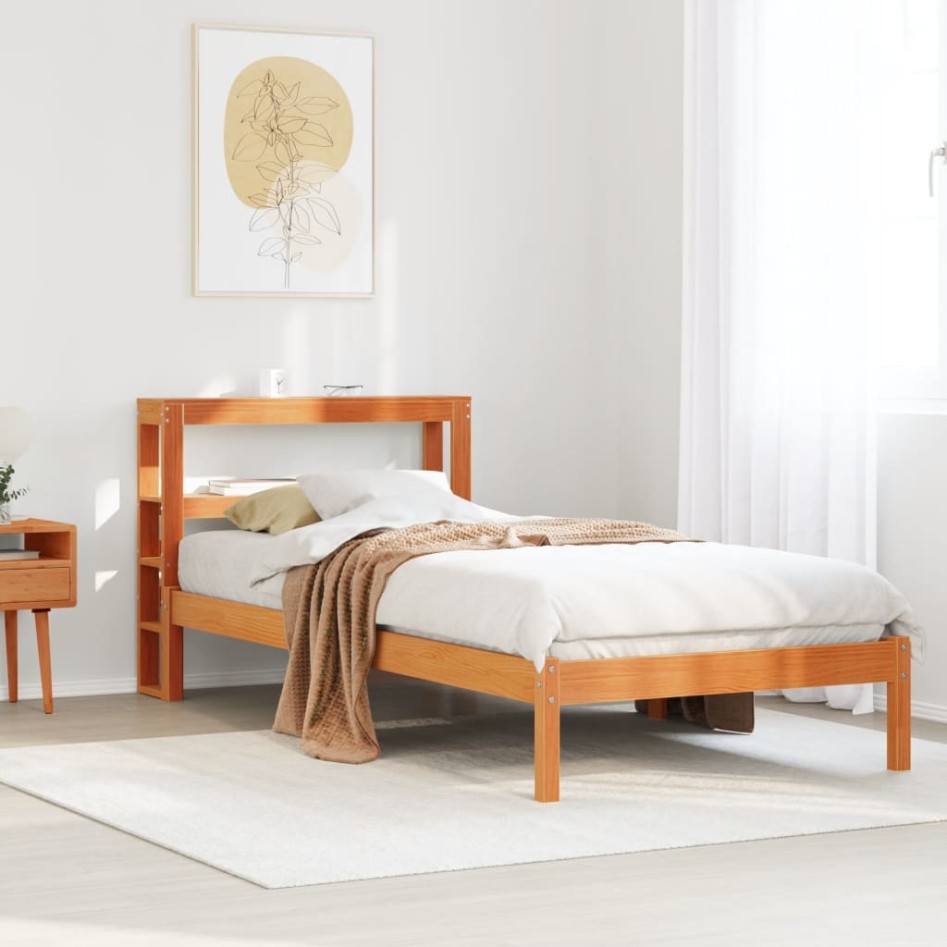 Estructura cama con cabecero madera pino marrón cera 75x190