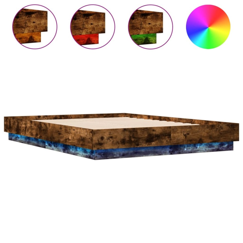 Estructura de cama con luces LED roble ahumado 140x190