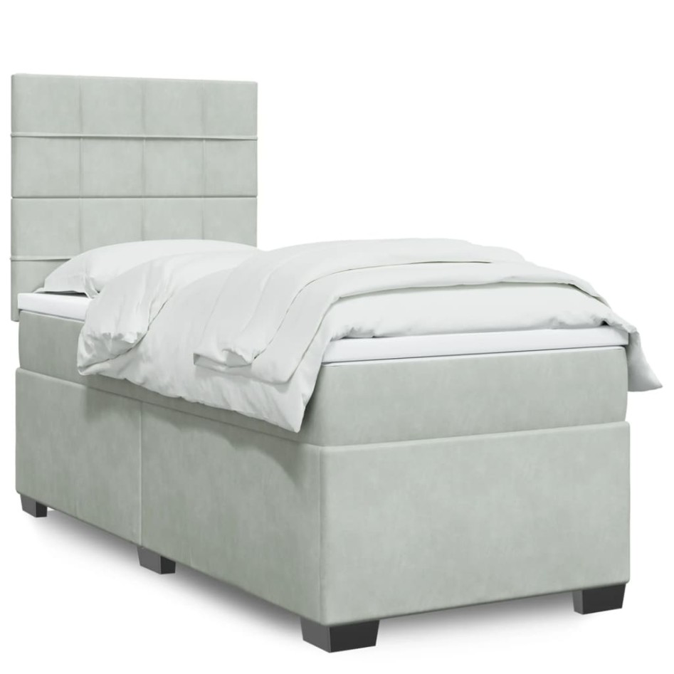 Cama box spring con colchón terciopelo gris claro 90x190