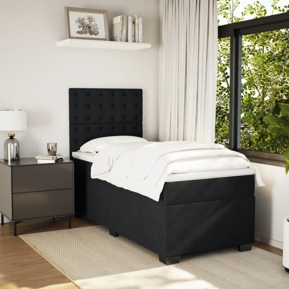 Cama box spring con colchón cuero sintético negro 90x190