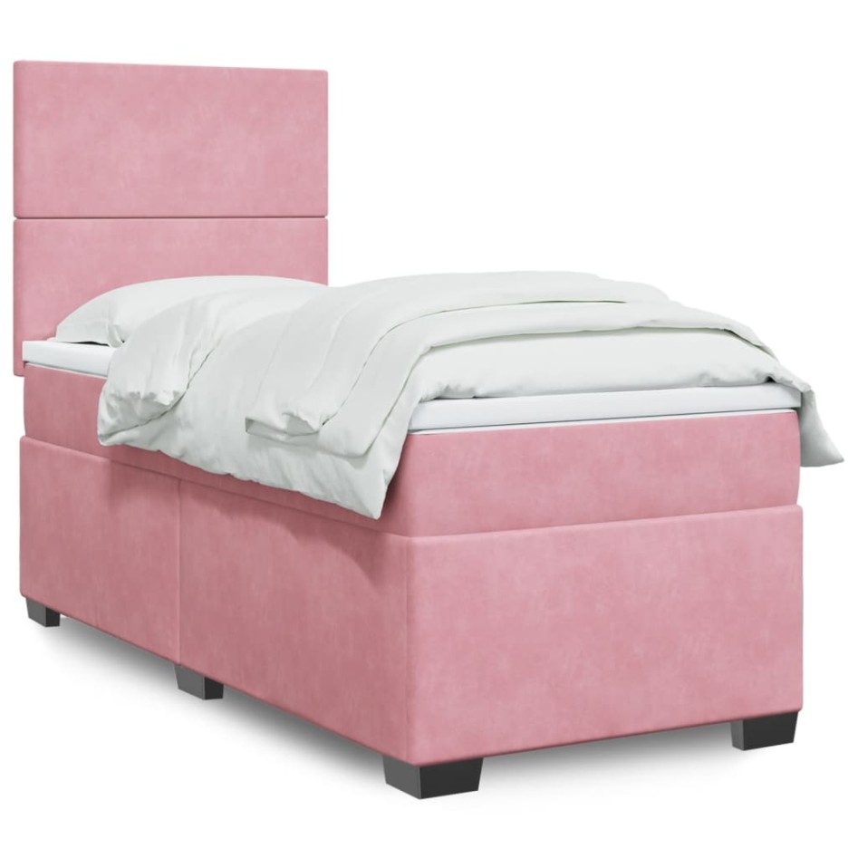 Cama box spring con colchón terciopelo rosa 90x200