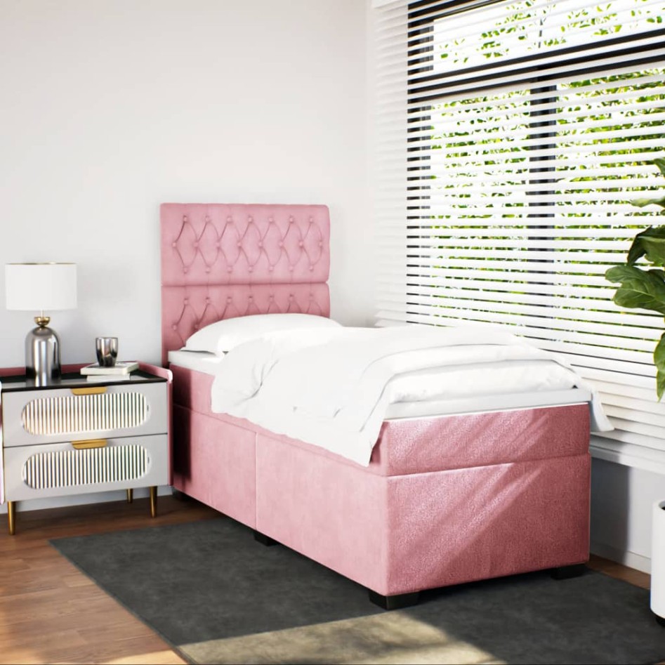 Cama box spring con colchón terciopelo rosa 90x200