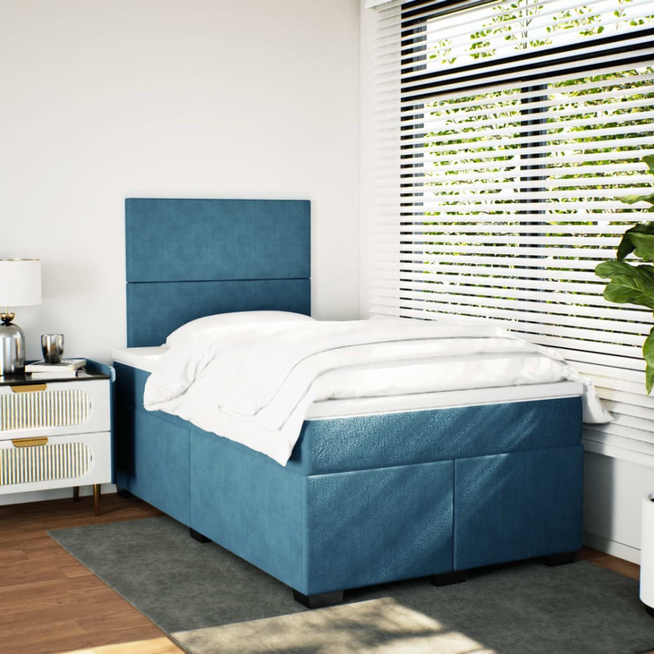 Cama box spring con colchón terciopelo azul 120x190