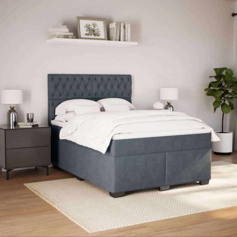Cama box spring con colchón terciopelo gris oscuro 140x190