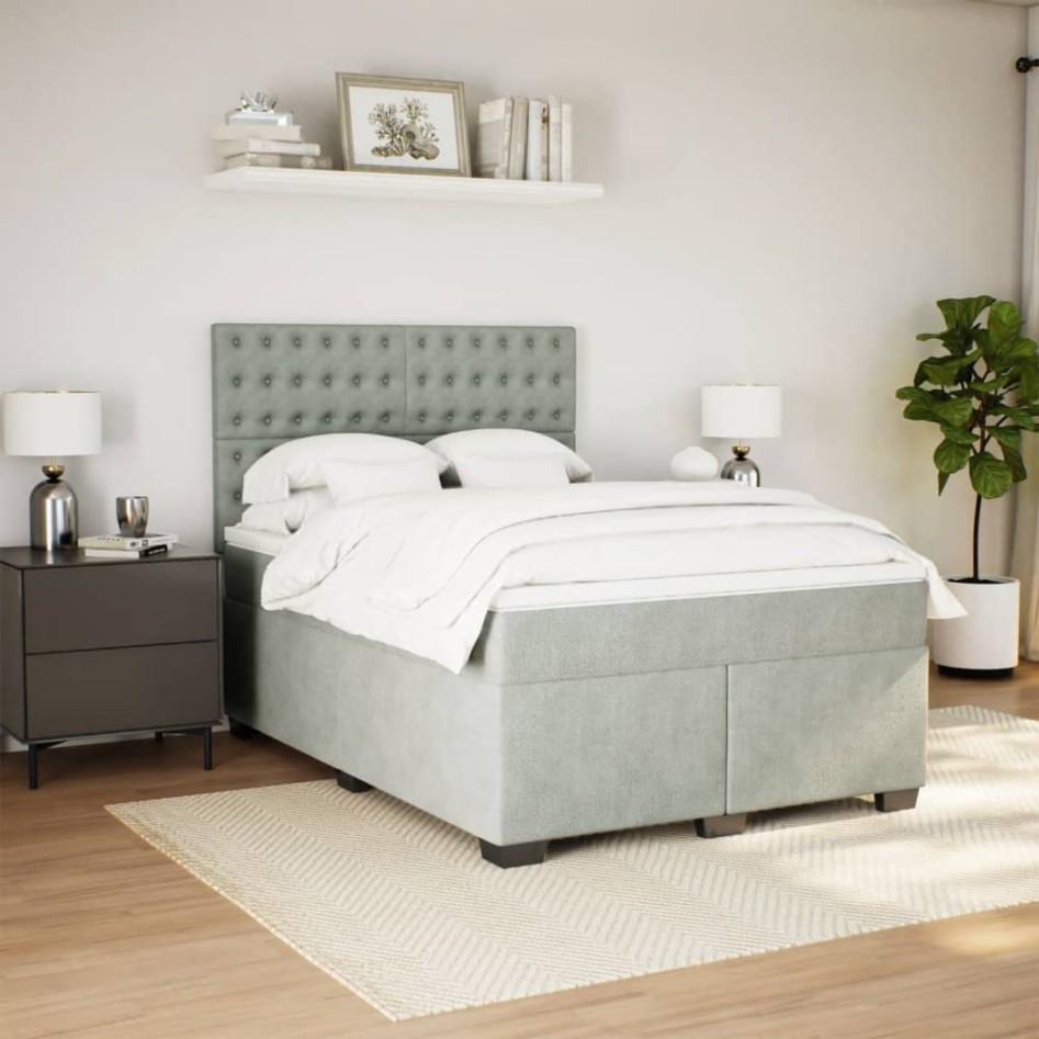 Cama box spring con colchón terciopelo gris claro 140x190