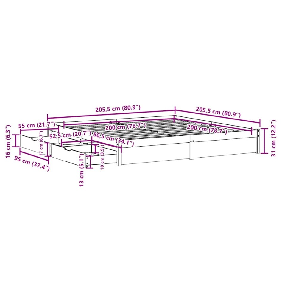 Estructura de cama sin colchón madera maciza de pino 200x200
