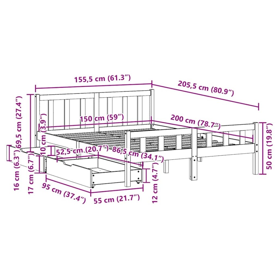 Estructura de cama sin colchón madera de pino blanco 150x200