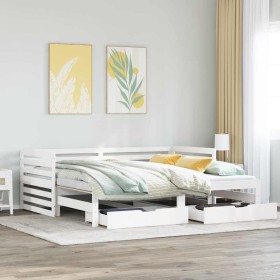 Sofá cama con cajones madera maciza de pino blanco 90x200