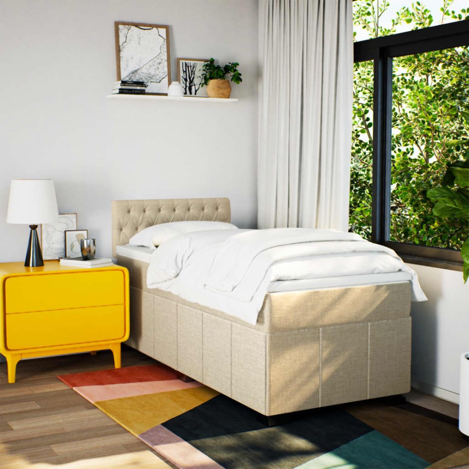 Cama box spring con colchón tela color crema 100x200