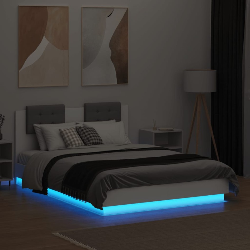 Estructura de cama con cabecero y luces LED blanco 140x190