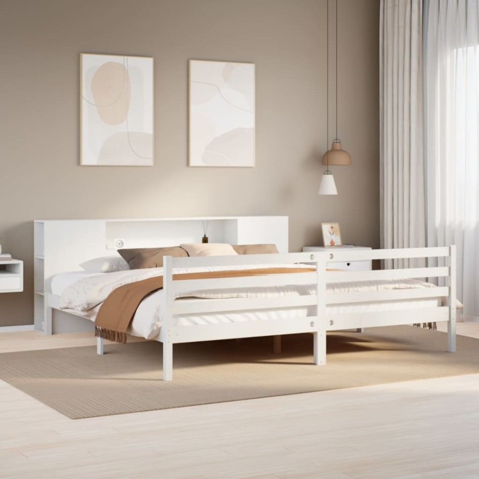 Cama con estantería sin colchón madera maciza blanca 180x200
