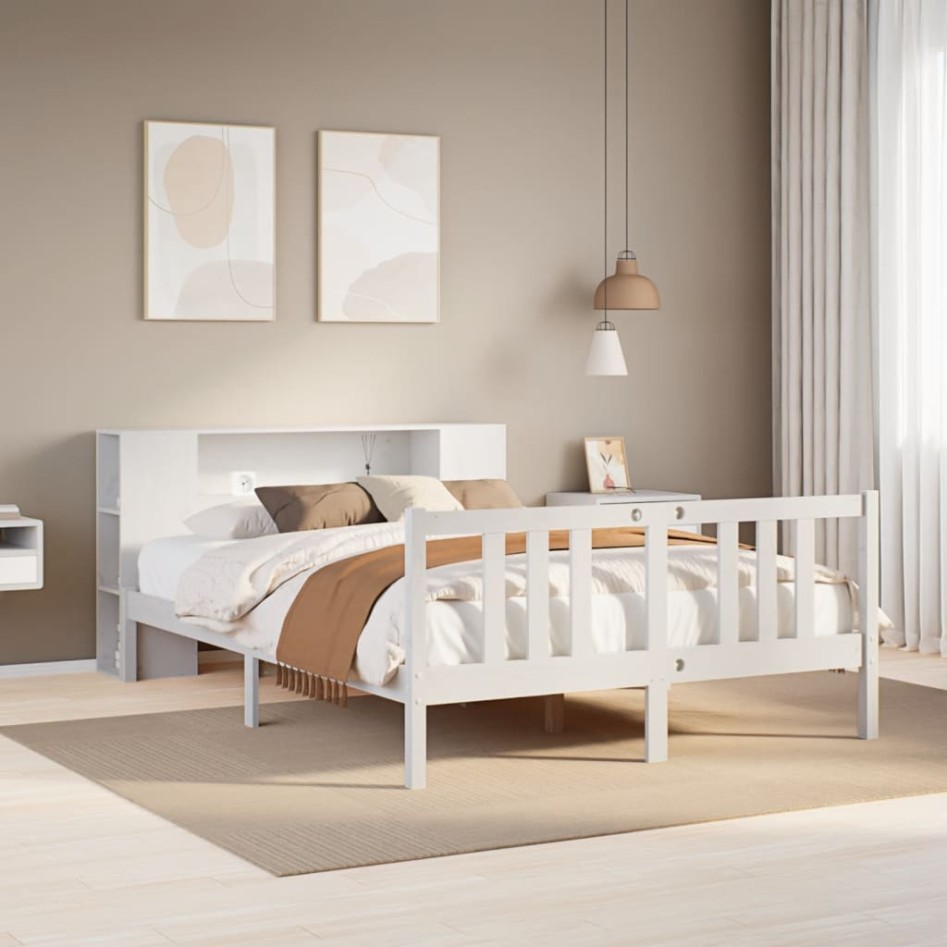 Cama con estantería sin colchón madera maciza blanca 160x200