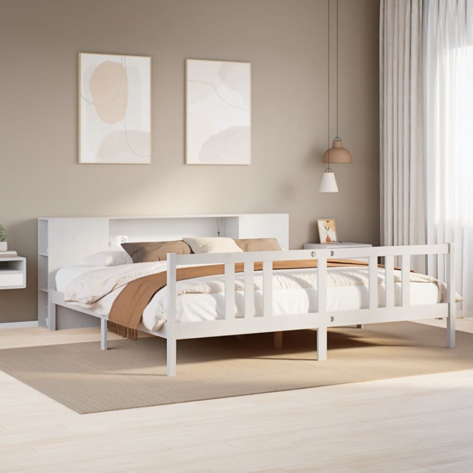 Cama con estantería sin colchón madera maciza blanca 200x200