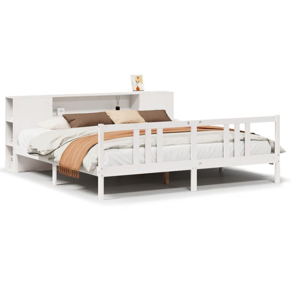 Cama con estantería sin colchón madera maciza blanca 200x200