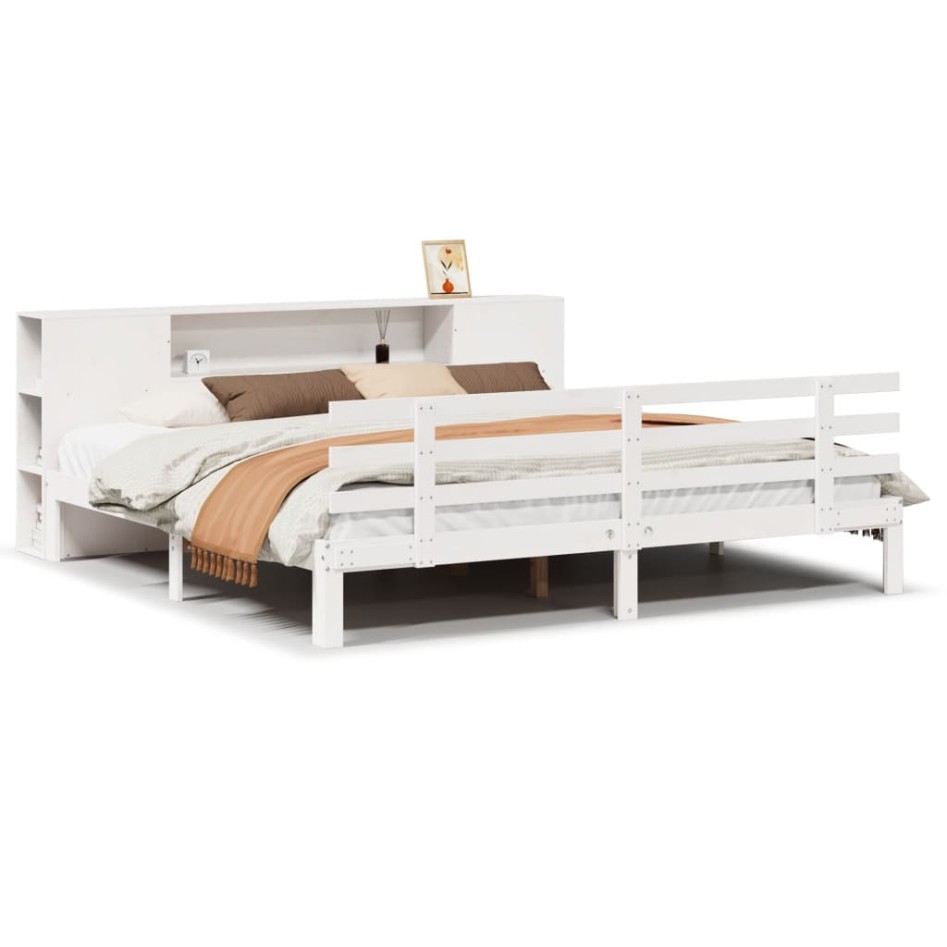 Cama con estantería sin colchón madera maciza blanca 180x200