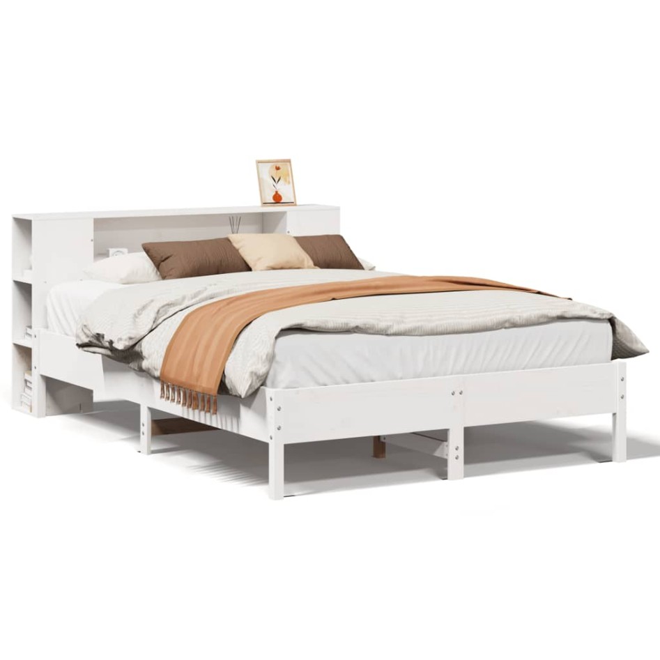 Cama con estantería sin colchón madera maciza blanca 160x200