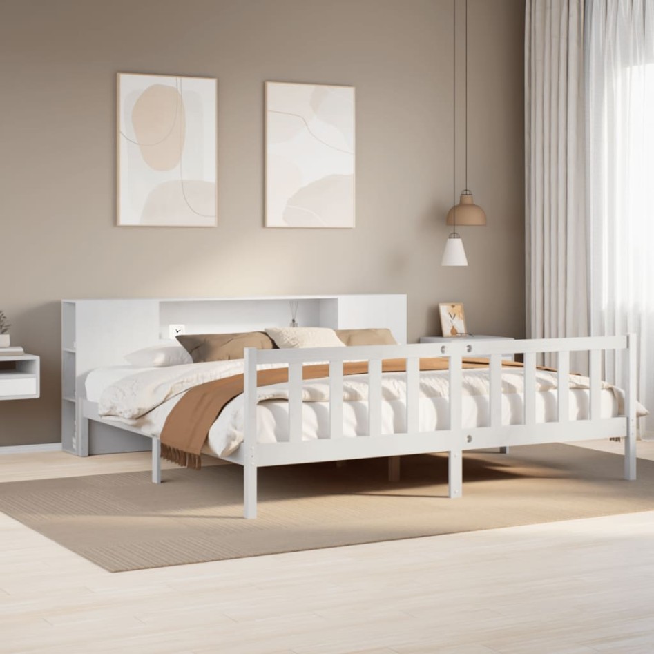Cama con estantería sin colchón madera maciza blanca 180x200