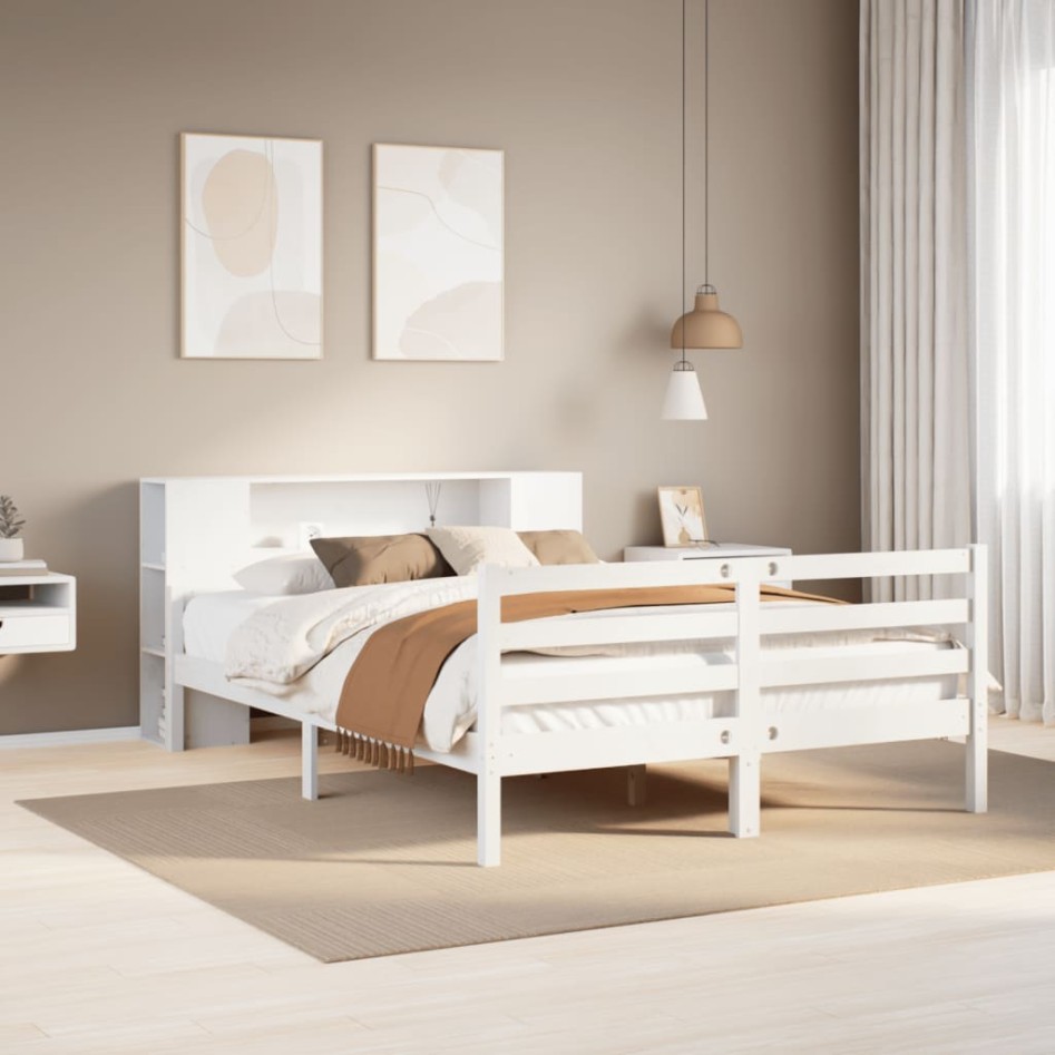 Cama con estantería sin colchón madera maciza blanca 140x200