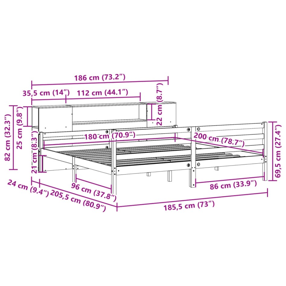 Cama con estantería sin colchón madera maciza blanca 180x200