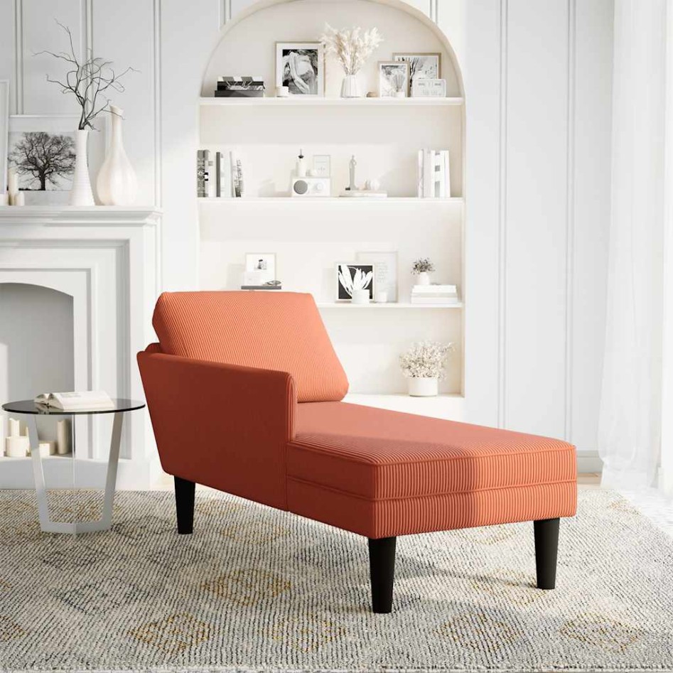 Chaise longue con cojín de tela de pana rojo y