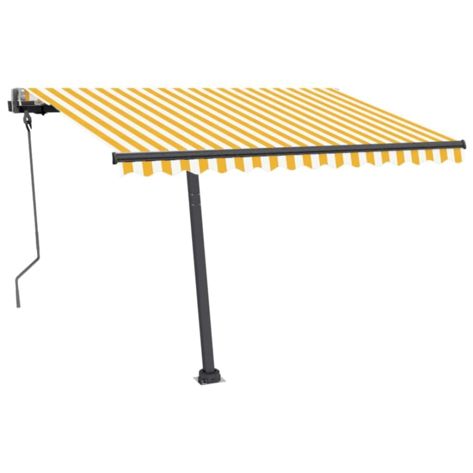 Toldo de pie automático amarillo y blanco 300x250
