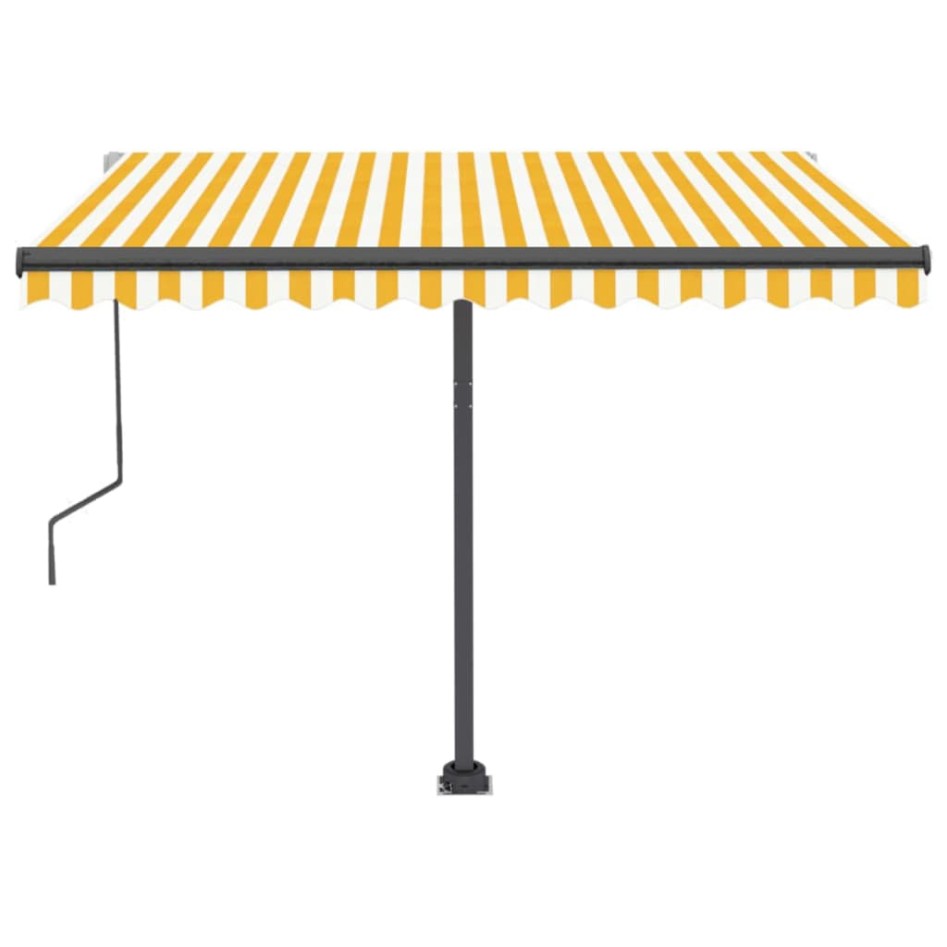 Toldo de pie automático amarillo y blanco 300x250
