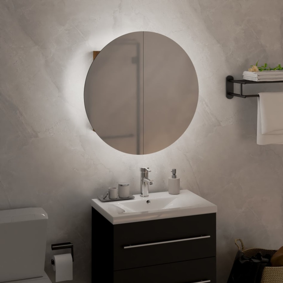 Armario de baño con espejo redondo y LED roble 40x40x17,5