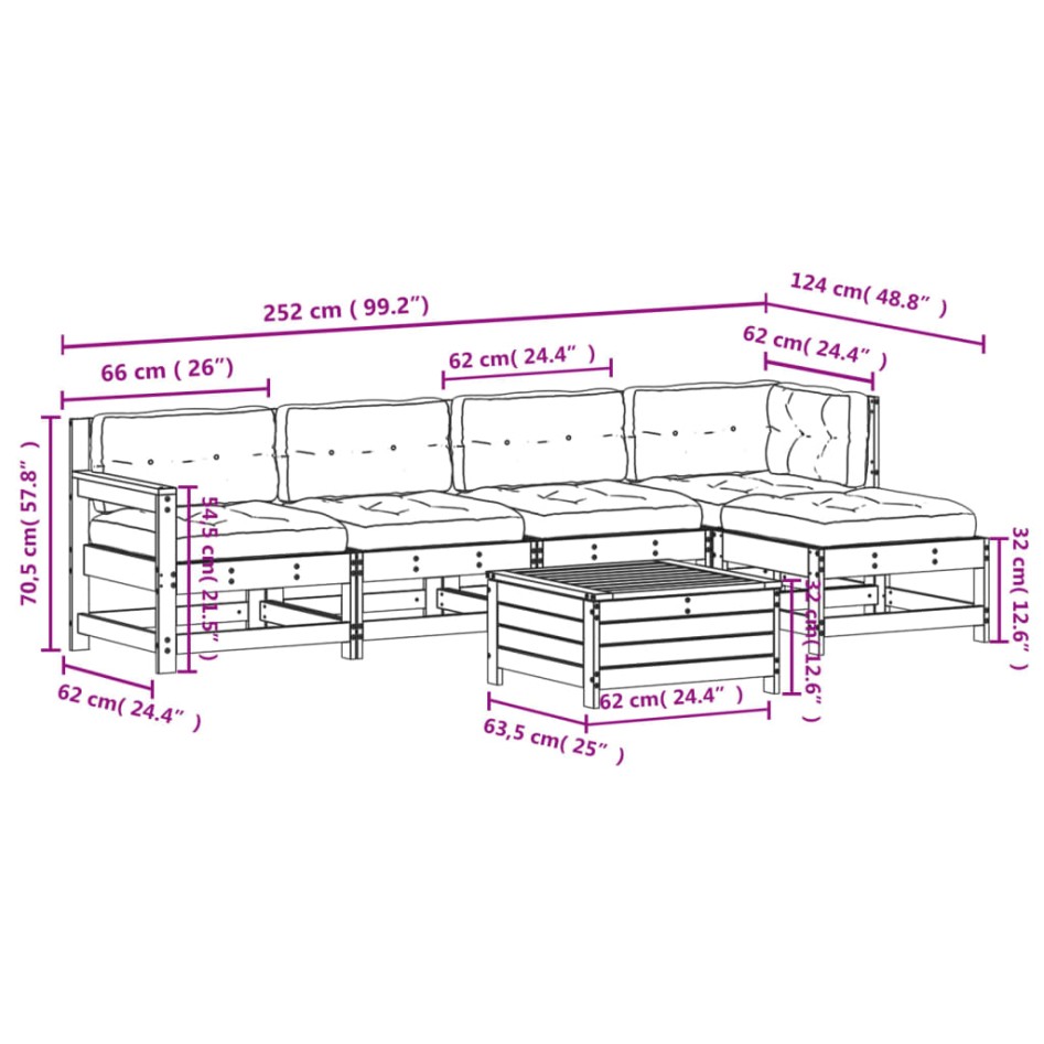 Juego de muebles jardín 6 pzas y cojines madera pino