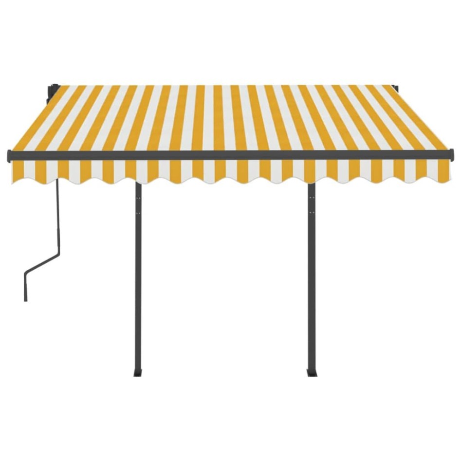 Toldo automático retráctil con postes amarillo y blanco 3x2,5