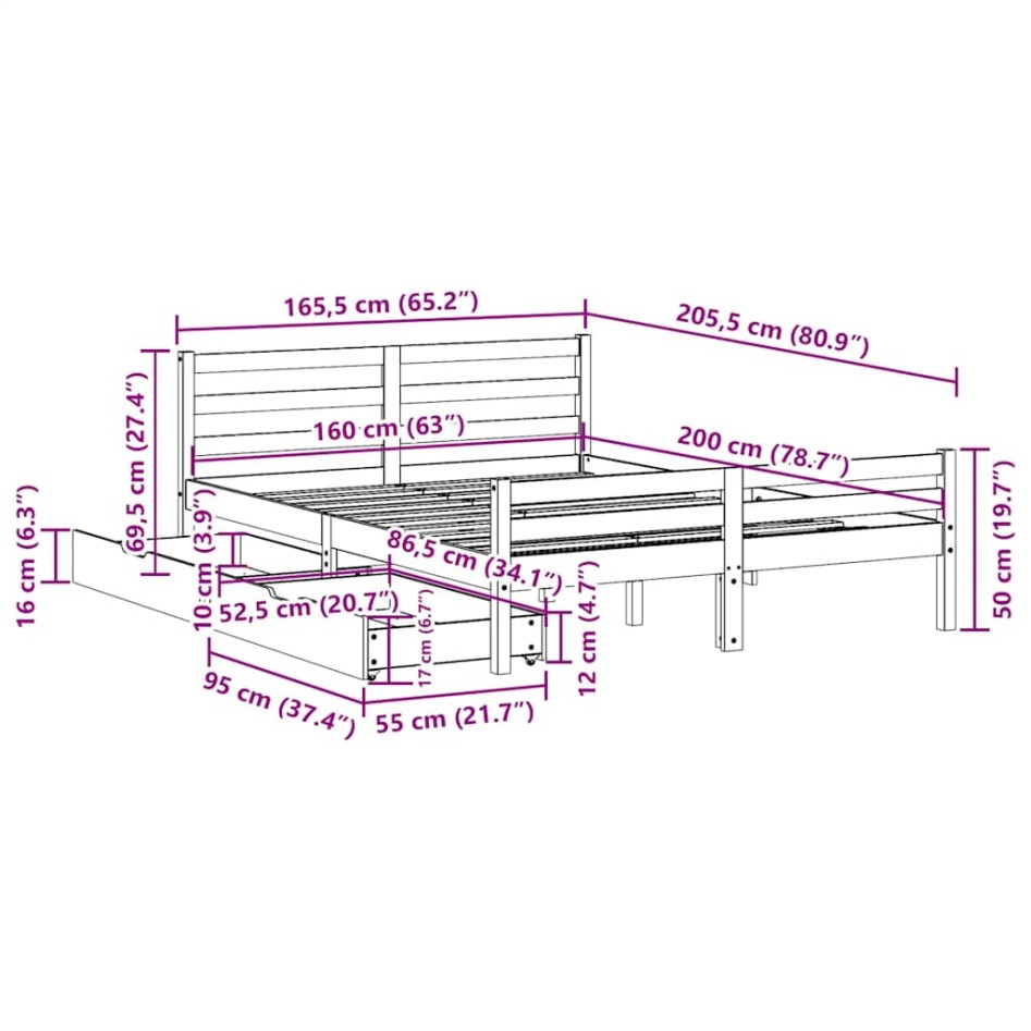Estructura de cama sin colchón madera maciza de pino 160x200