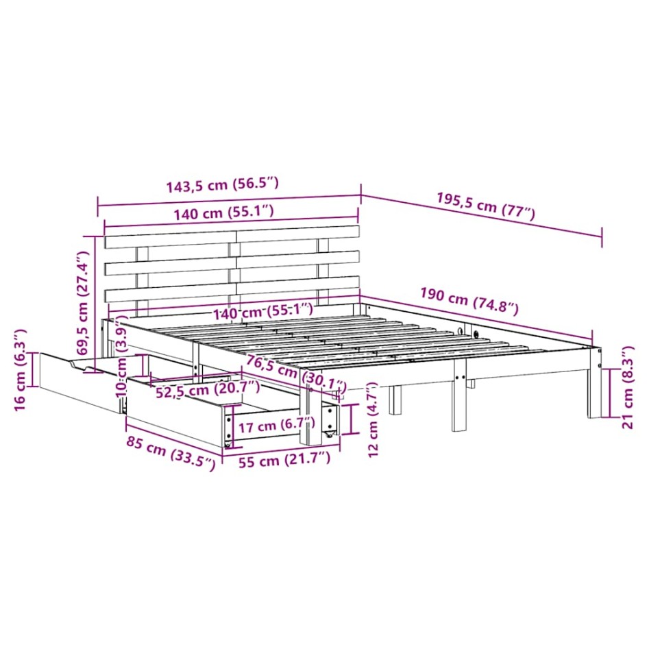 Estructura de cama con cojines madera maciza de pino 140x190