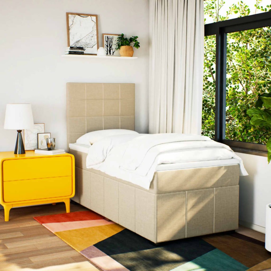 Cama box spring con colchón tela color crema 100x200