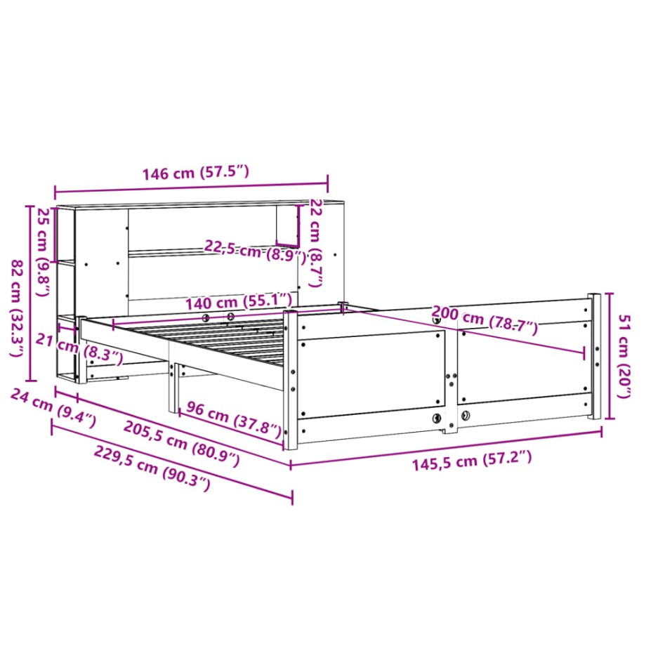 Cama con estantería sin colchón madera maciza de pino