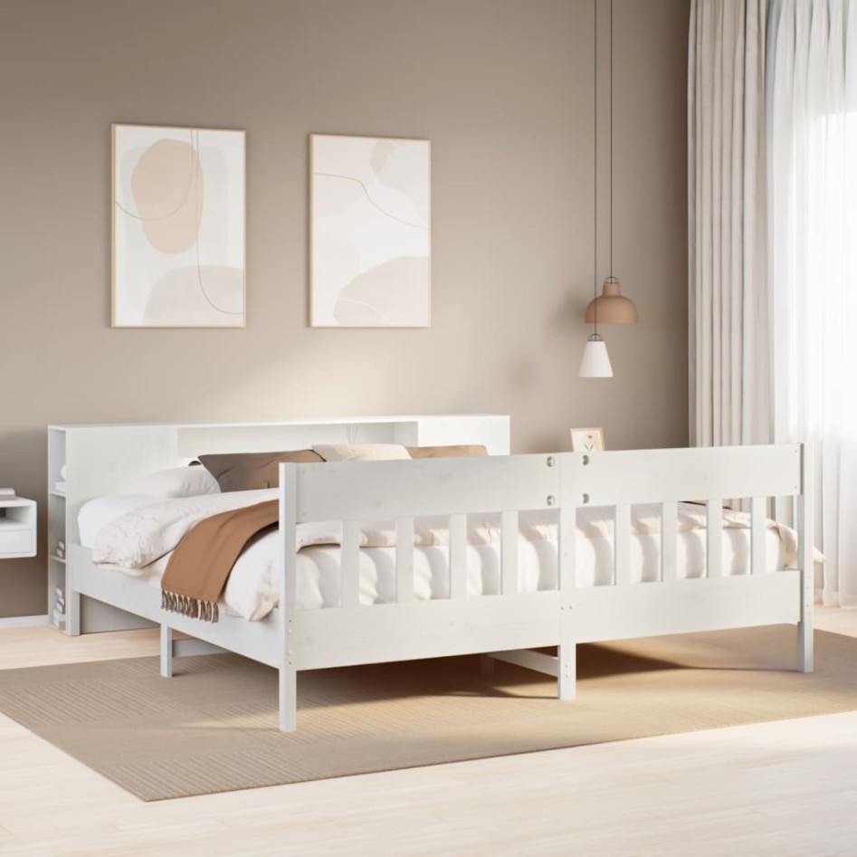 Cama con estantería sin colchón madera maciza blanca 180x200