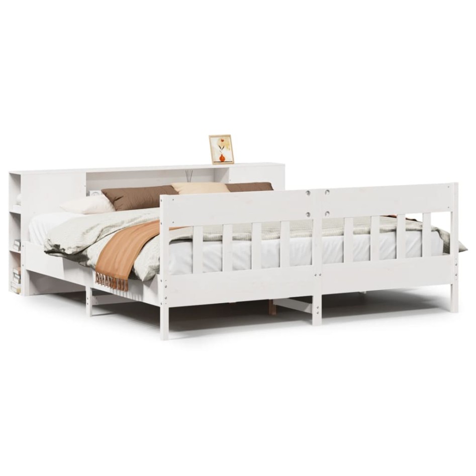 Cama con estantería sin colchón madera maciza blanca 180x200