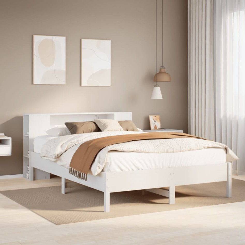 Cama con estantería sin colchón madera maciza blanca 120x200