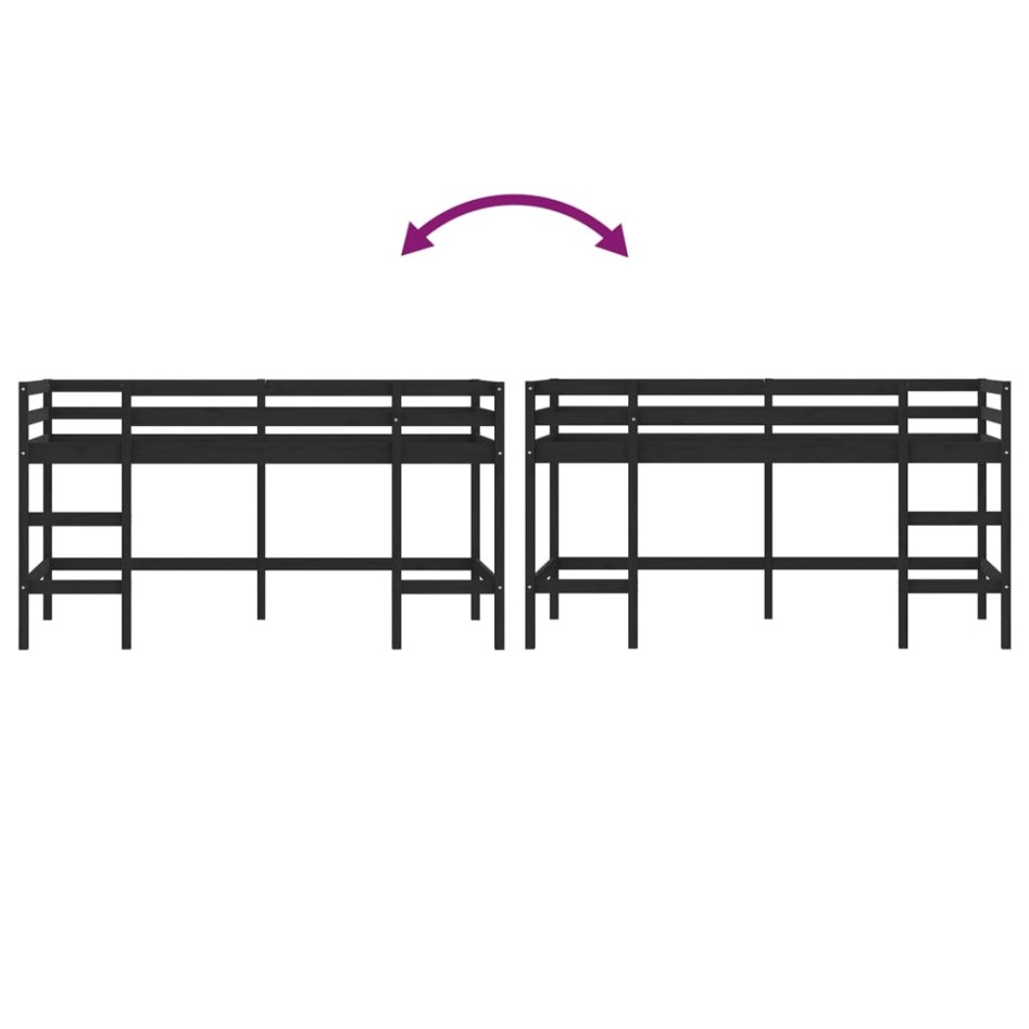 Cama alta de niños escalera madera maciza pino negra 90x200