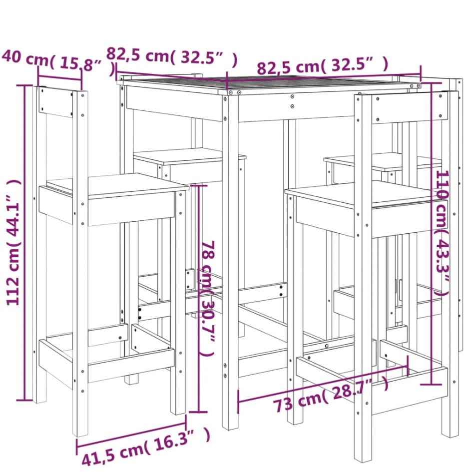 Set de mesa y taburetes altos jardín 5 pzas madera maciza