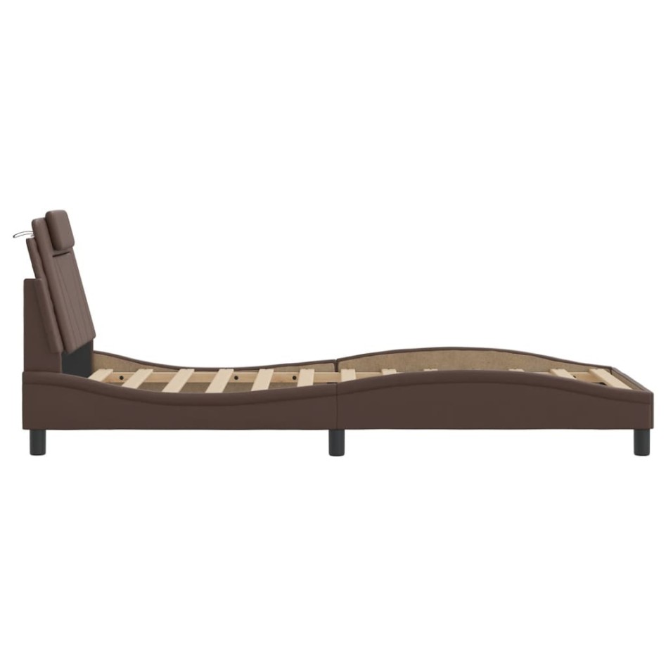 Estructura cama con luces LED cuero sintético marrón 90x200
