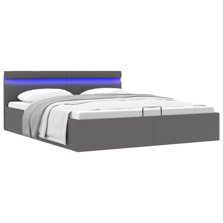 Cama canapé hidráulica con LED cuero sintético gris 180x200