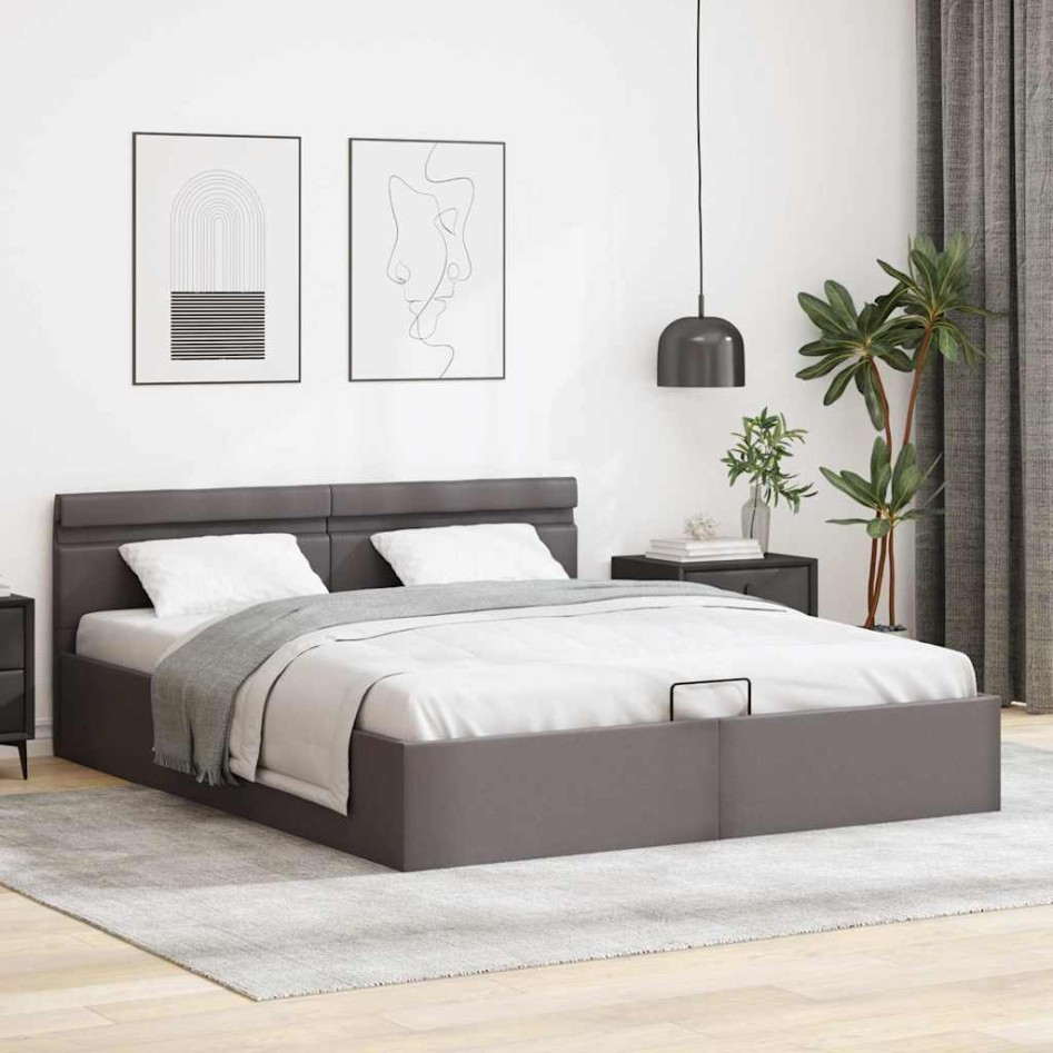 Cama canapé hidráulica con LED cuero sintético gris 180x200
