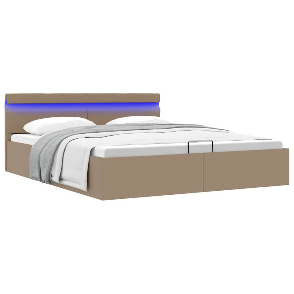 Cama canapé hidráulica LED cuero sintético capuchino 160x200